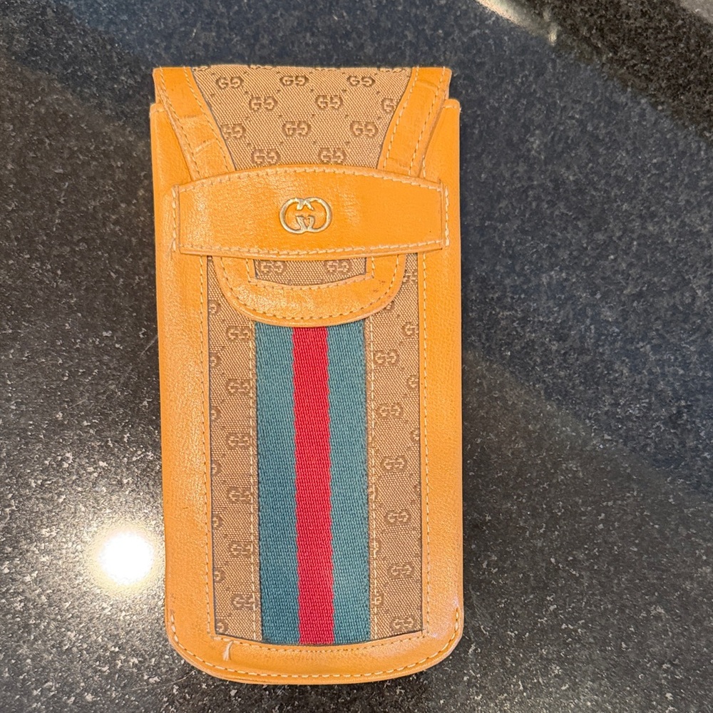 AUTHENTIC Gucci Brown GG Canvas Sunglasses Case with Tan Leather Trim VINTAGE